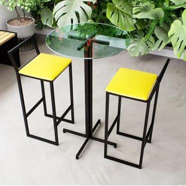 Imagem de Conjunto Mesa Alta Bar Bistrô Redonda Vidro 2 Banquetas Confort Estofado Industrial Black (Amarelo)