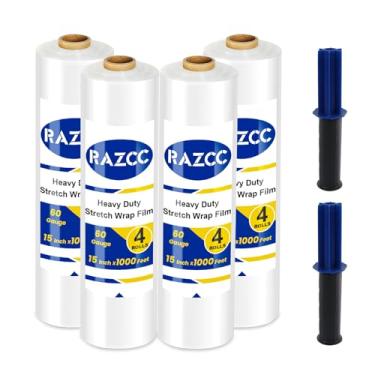 Imagem de Película elástica, RAZCC Stretch Wrap força industrial, envoltório retrátil para palete, envoltório de plástico transparente resistente com alças, rolo de plástico de embrulho móvel, 38 cm x 38 m por rolo, calibre 60, pacote com 4