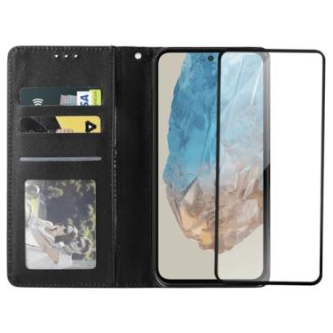 Imagem de Capa Carteira Flip de Couro com Porta Cartão Compatível Samsung Galaxy M35 Preta + Película de Vidro Temperado 3D