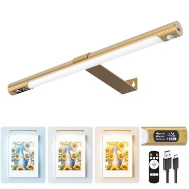 Imagem de COLIJOY Luzes de imagem sem fio para parede, controle remoto, 3 cores de escurecimento e temporizador, luz de exibição de arte recarregável de 35,5 cm com display digital, luzes de retrato para quadro
