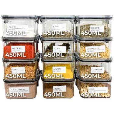 Imagem de Kit 12 Potes Herméticos 450ml | Porta Mantimentos Temperos Condimentos| Organizador Empilhável Cozinha Armário | BPA Free | Armazenamento em Geladeira Freezer | Tipo Acrílico