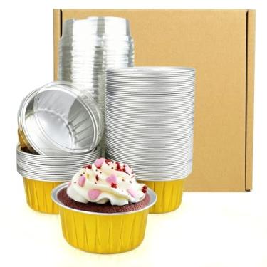 Imagem de Formas de muffin descartáveis com tampas, mini formas de bolo de 142 g para cupcake, copo multiuso de folha de alumínio, copos de sobremesa premium, creme brulee ramekins seguro para forno, pacote com