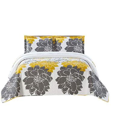 Imagem de Royal Tradition Colchas reversíveis Helena-Grey, conjunto de colcha Queen grande de 3 peças (236 cm de largura x 246 cm de comprimento) Colcha leve