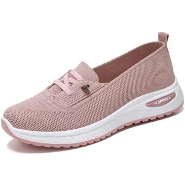 Imagem de Fangsto Tênis de caminhada feminino ortopédico de malha, atlético, esportivo, sem cadarço, confortável, respirável, rosa, 36