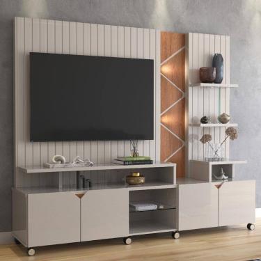 Imagem de Estante Home para TV até 55 Polegadas 4 Portas Prateleiras Luz Led e Rodízio Cross Off White/Jequitibá - Lukaliam