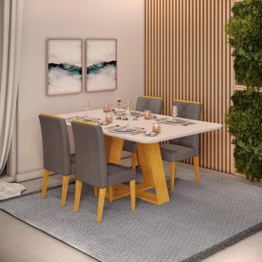 Imagem de Conjunto Sala de Jantar 4 Cadeiras Tampo Curvo dj Móveis Kiara Cedro Yasmin Veludo Lunar