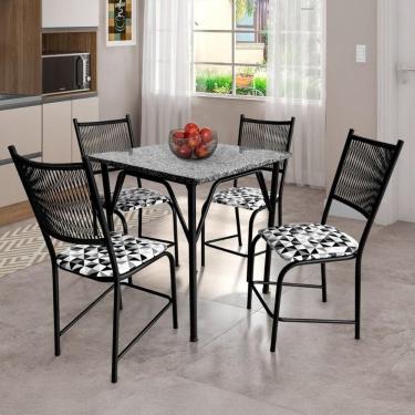 Imagem de Conjunto Famais Noruega Mesa de Jantar Quadrada com Tampo em Granito + 4 Cadeiras em Aço Carbono com Assento Estofado - 90x70cm