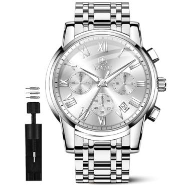Imagem de Taxau Relógios masculinos luxuosos, multifuncionais, à prova d'água, para homens, mostrador grande, analógico, quartzo, aço inoxidável, prata, cronógrafo, com data luminosa, Prata - NKLH-T-G8406