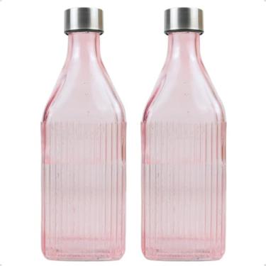 Imagem de Kit 2 Garrafas Quadrada De Vidro Canelado com Tampa 1l Colorida para Geladeira (Rosa)