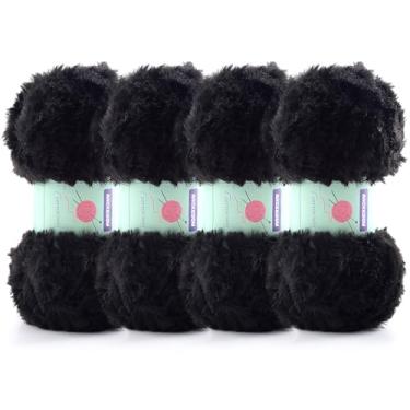 Imagem de 4 novelos macios e grossos de pelo sintético felpudo para crochê – fio peludo de cílios para cobertores de tricô, cachecóis e suéteres, 99 g/75 jardas por rolo (preto)