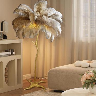 Imagem de Lâmpada De Chão De Penas, 170cm Natural De Avestruz Feather Gold Lâmpada De Chão 3-cores Regulável, Lâmpada De Pé Grande De Luxo Moderna Com Interruptor De Pé, Lâmpa, White