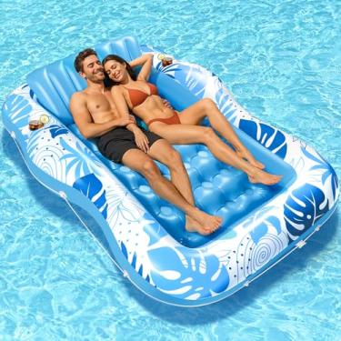 Imagem de Boia de bronzeamento inflável para piscina, azul, 199,9 cm x 149,9 cm, boia de piscina adulto com travesseiro, boia de banheira 4 em 1, para banhos de sol, espreguiçadeira para presentes de festa na