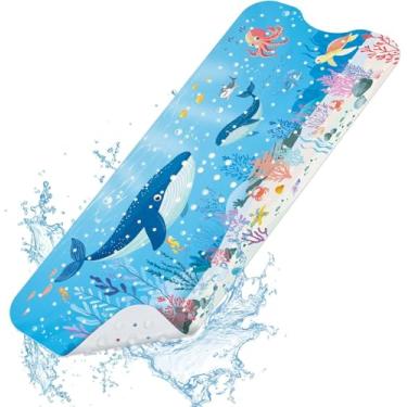 Imagem de Tapete de banho de bebê para banheira antiderrapante 101 x 40 cm, tapete de banheira infantil extralongo, sem mofo, tapete de chuveiro antiderrapante com ventosas e orifícios de drenagem para banheiro