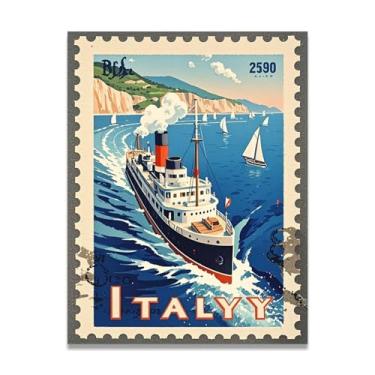 Imagem de Impressão em tela vintage navio a vapor italiano com bordas de carimbo - Carimbo de papel envelhecido 80 x 104 cm