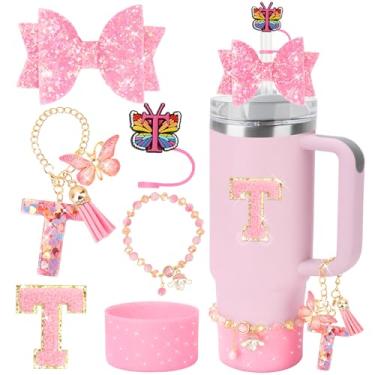 Imagem de Conjunto de acessórios de copo com inicial para copo Stanley de 850 g de 1,134 g, incluindo capa de palha de carta de borboleta, decorações de laço, adesivo de letra, pulseira de cristal, pingente de