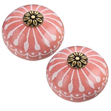 Imagem de Puxador de gaveta puxadores de porta de cerâmica azul vintage forma redonda gaveta armário puxadores armário armário armário casa cozinha ferragem - 2 peças (rosa)