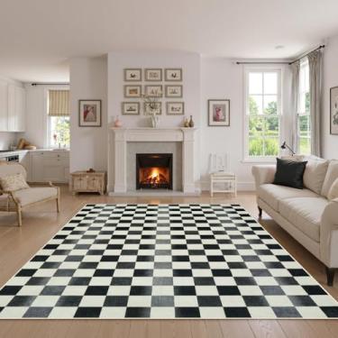Imagem de Seavish Tapete quadriculado Ombre, tapetes laváveis 12 x 18 cm, preto e branco, para sala de estar, pelo baixo, macio, antiderrapante, moderno, minimalista, para quarto, sala de jantar, escritório,