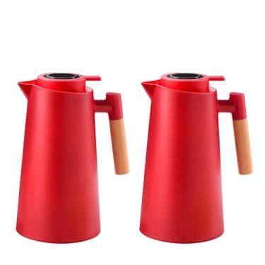 Imagem de Garrafa Térmica De Água 1000ml Com Termômetro Digital LED Para Chás Café Cabo Em Madeira Design Elegante(KIT2-Vermelho)