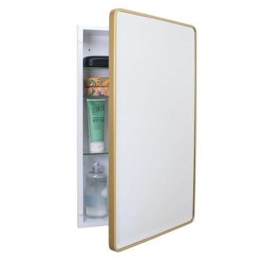 Imagem de Gabinete de remédios de banheiro embutido retangular arredondado Austin Farmhouse 40 x 66 cm, espelho chanfrado, abertura de parede de 35,5 x 61 cm, aço revestido a pó, prateleiras de vidro