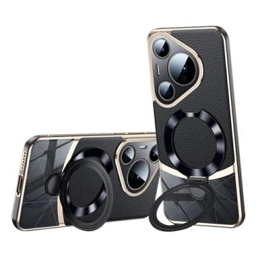 Imagem de LTLMYDAM Capa de couro para Huawei Pura 70 Ultra/70 Pro/70 Pro+/70, capa de telefone com proteção de lente, capas finas de anel giratório de revestimento luxuoso, preta, 70 Ultra