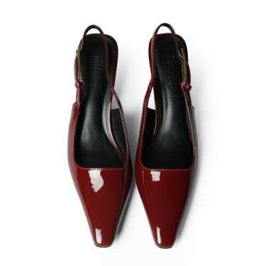 Imagem de iiimmu Salto gatinho feminino salto baixo 5 cm bico fino fechado slingback sapatos sociais, couro sintético, Vermelho envernizado, 40