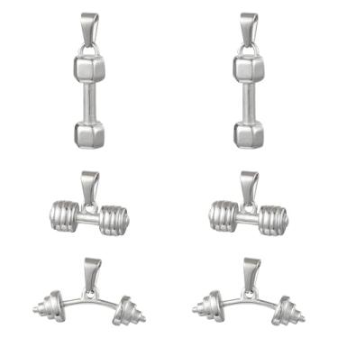 Imagem de KitBeads 6 peças, 3 estilos, pingentes de haltere, aço inoxidável, academia, kettlebell, peso esportivo, pingentes para fazer joias, pulseiras, colares e brincos