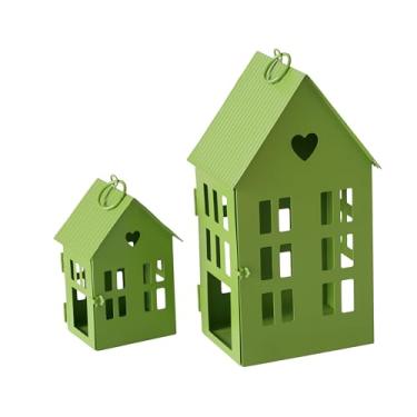 Imagem de Lanternas de vela Main Street Town House, conjunto de, estilo vintage, detalhes de coração, verde, metal, laços para pendurar, 24 e 14 cm