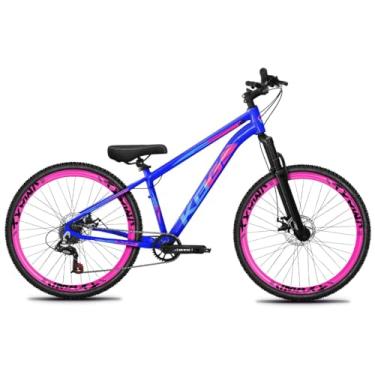 Imagem de Bicicleta Aro 26 KOG 1x7 Freeride – Bike para Grau, Freeride Urbano, Suspensão 80mm, Freios a Disco, 7 Velocidades, Azul Cobalto, Adesivo Rosa e Azul,Vmaxx Rosa