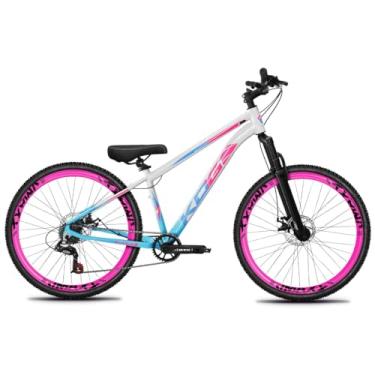 Imagem de Bicicleta Aro 26 KOG 1x7 Freeride – Bike para Grau, Freeride Urbano, Suspensão 80mm, Freios a Disco, 7 Velocidades, Azul Pantone Branco, Adesivo Rosa e Azul,Vmaxx Rosa