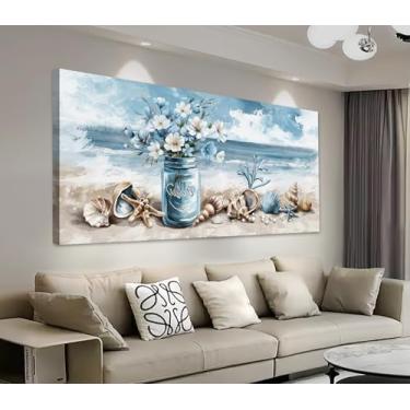 Imagem de yearainn Arte de parede em tela costeira - Imagens de flores em jarras rústicas decoração de parede conchas à beira-mar pintura arte oceano impressões para sala de estar quarto escritório decoração de