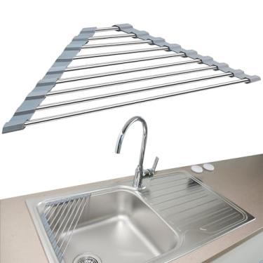 Imagem de SMLBJUTE Escorredor de louças triangular dobrável de aço inoxidável 304, escorredor de pratos dobrável sobre a pia, acessórios organizadores de pia de cozinha