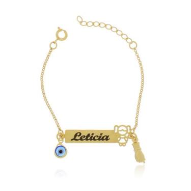 Imagem de Pulseira Infantil com Figa e Nome Personalizado Banho Ouro - Gabby Lux