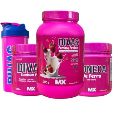 Imagem de Divas Turbo Kit: Feminy Protein Morango 900g + Bumbum Plus 300g + Boneca de Ferro 300g + Coqueteleira