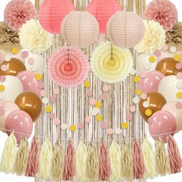 Imagem de Generic Decorações De Aniversário Boho Bege-Champanhe-Dourado Para Mulheres E Meninas, Balões Neutros Creme, Pompons Pêssego Doce, Guirlanda Borlas, Leques Dourados, Lanternas Festas