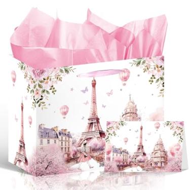 Imagem de Wxiben Decorações de festa com tema de Paris – Bolsa de presente da Torre Eiffel, bolsa de embrulho de lembrancinha de festa de flores rosa com alça, cartão de felicitações de papel de seda