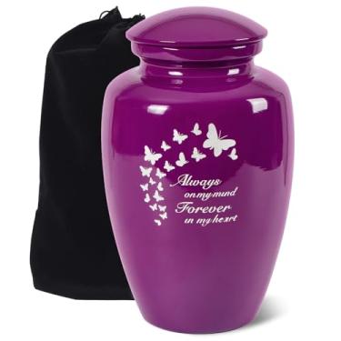 Imagem de Urna Nyutu para cinzas para mulheres, urnas grandes de 25,4 cm de altura para cinzas humanas adultas femininas feitas de liga de alumínio, borboleta roxa decorativa funerária urnas de cremação para