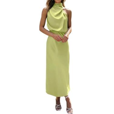 Imagem de BTFBM Vestido feminino sem mangas para coquetel, gola redonda, elástico, cintura alta, vestido maxi para festa de casamento, Verde macio liso, GG