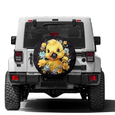 Imagem de Foruidea Capa de pneu sobressalente Yellow Little Duck com grinalda floral com orifício de câmera reserva para pneu de roda para trailer, trailer, SUV e muitos veículos de 43 cm
