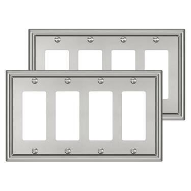 Imagem de Pacote com 2 capas de interruptor decorador quádruplo placa de parede, placas de interruptor basculante de metal de níquel escovado, placa de parede de 4 grupos para receptáculo, tomada GFCI