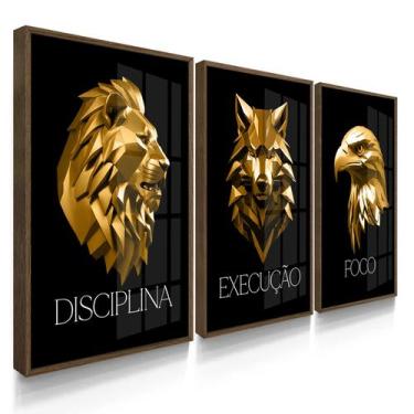 Imagem de Quadro Decorativo Trio Disciplina Dourado Leão Lobo Foco Decoração Esc