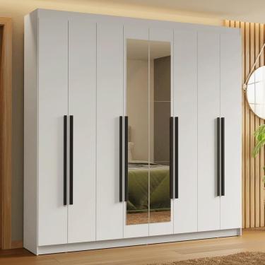 Imagem de Guarda-Roupa Casal 8 Portas Batentes com Espelho Branco/Branco/Preto Saturno Madesa