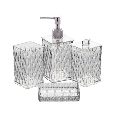 Imagem de " Kit Banheiro Conjunto Lavabo Pia 4 Peças Transparente Com Saboneteira Porta Sabonete Líquido Porta Algodão e Porta Escova de Dente Conjunto Em Acrílico Resistente e Durável Design Moderno Elegante"