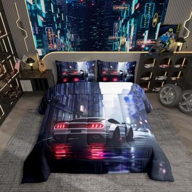 Imagem de Erosebridal Conjunto de edredom de carro esportivo para crianças, solteiro, branco, carro de corrida, esportes radicais, com 1 fronha, decoração de quarto de meninos, edredom solteiro para