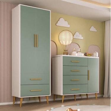 Imagem de Quarto Infantil com Guarda-Roupa 2 Portas 2 Gavetas com Cômoda Magia Espresso Móveis Branco/Verde