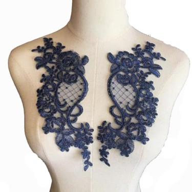 Imagem de Lmlliang 1 par de apliques de flores de renda – Acabamento de renda bordado com motivo floral costurado para roupas DIY, vestidos de casamento, artesanato e decoração, azul marinho