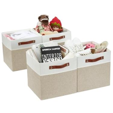 Imagem de Caixas organizadoras DECOMOMO em formato de cubo, de tecido, para prateleiras, estantes baixas e nichos (bege e branco, 28 x 28 x 28 cm) – 4 unidades
