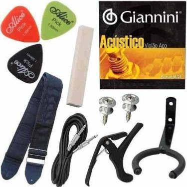 Imagem de Kit Acessórios Violão Capotraste Correia Cordas Pestana Osso
