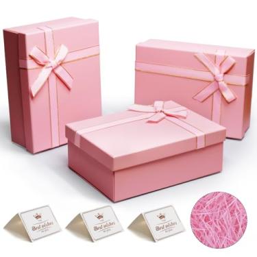 Imagem de Caixa de presente rosa com tampa para presente - pacote com 3 caixas de presente pequenas 21 x 16 x 8 cm, caixa de presente vazia com enchimento de papel ráfia e cartão comemorativo