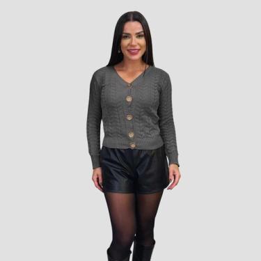Imagem de Blusa Tricô Feminina Cardigan Trançado Botão Suéter Gola V - GIP, Chum