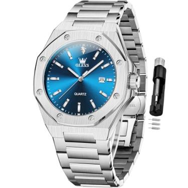 Imagem de OLEVS Relógio masculino para negócios, diamante, fácil leitura, analógico, luxuoso, data, aço inoxidável, à prova d'água, luminoso, relógio masculino, 3613 Prata Azul, 3613-silver blue, relógio